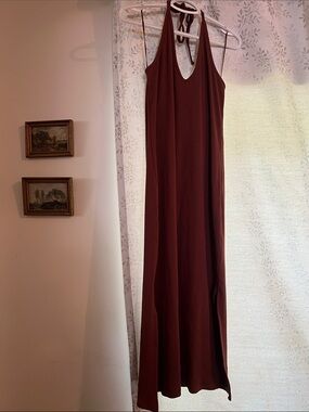 Halter V-Neck Midi Dress in rich rusty brown